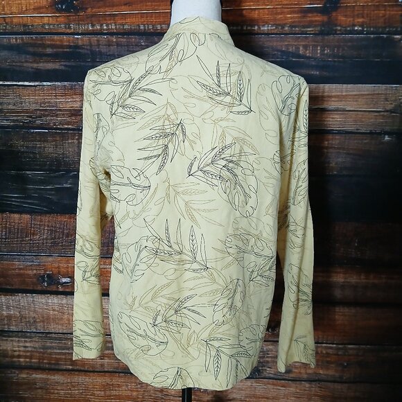 Chico's Blouse Size 0 S Silk Linen Blend Button Front Top Leaf Print Tan - Picture 5 of 9